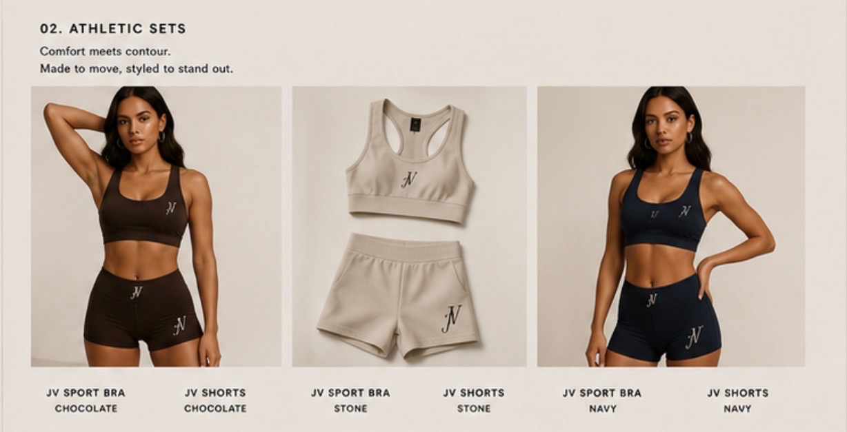 JV Athletic Sets — Chocolate, Stone, and Navy colorways with JV monogram sport bra and shorts