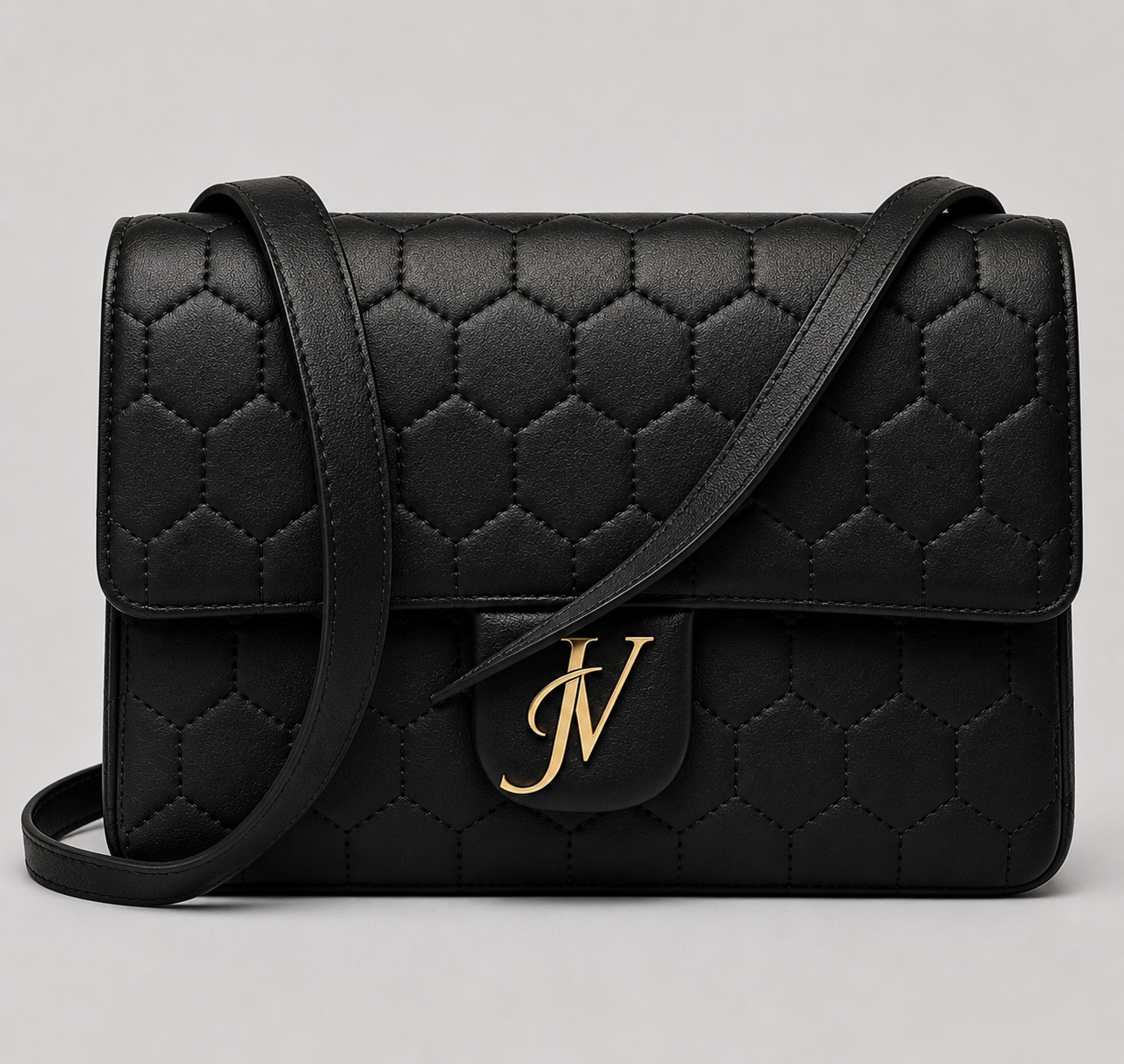 JV Quilted Crossbody Bag — Black with gold hardware