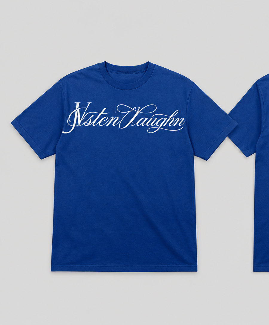 Justen Vaughan royal blue script tee, ivory wordmark. The Selective, V26.