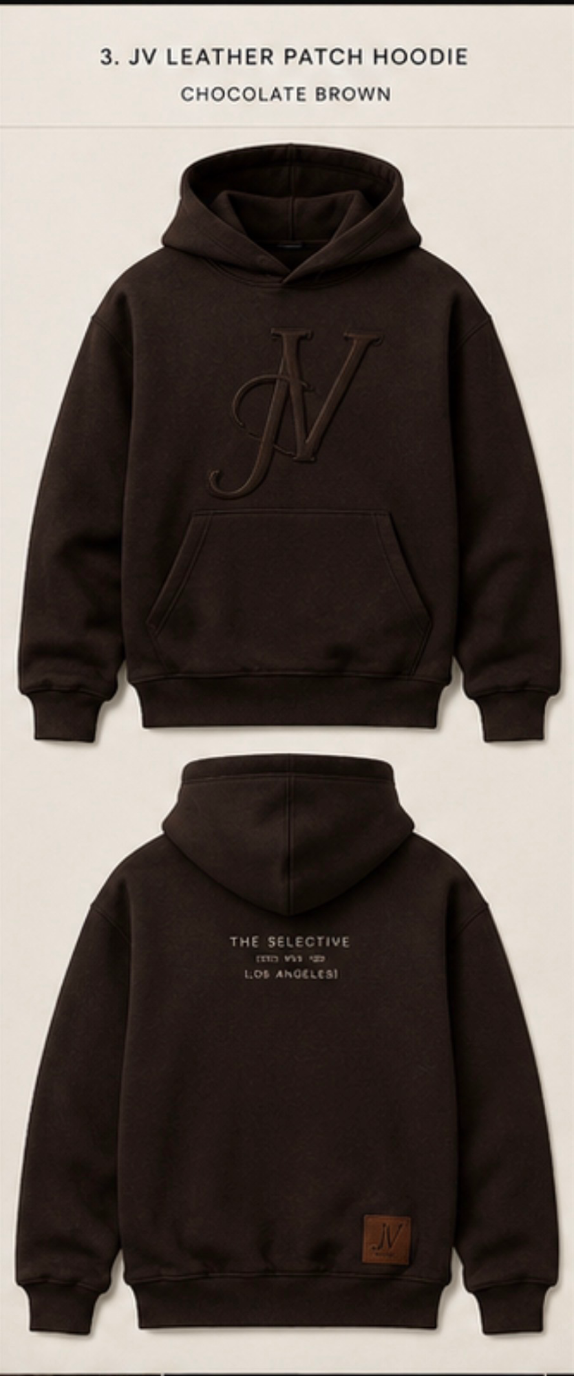JV Leather Patch Hoodie — Chocolate Brown with tonal JV monogram emboss and hand-stitched leather patch
