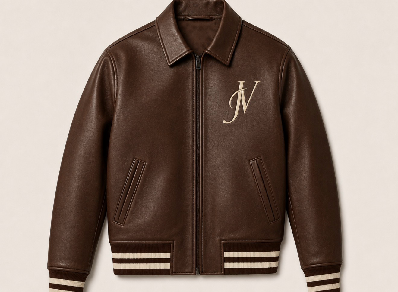 JV Leather Bomber — Chocolate Brown with JV serif monogram on chest