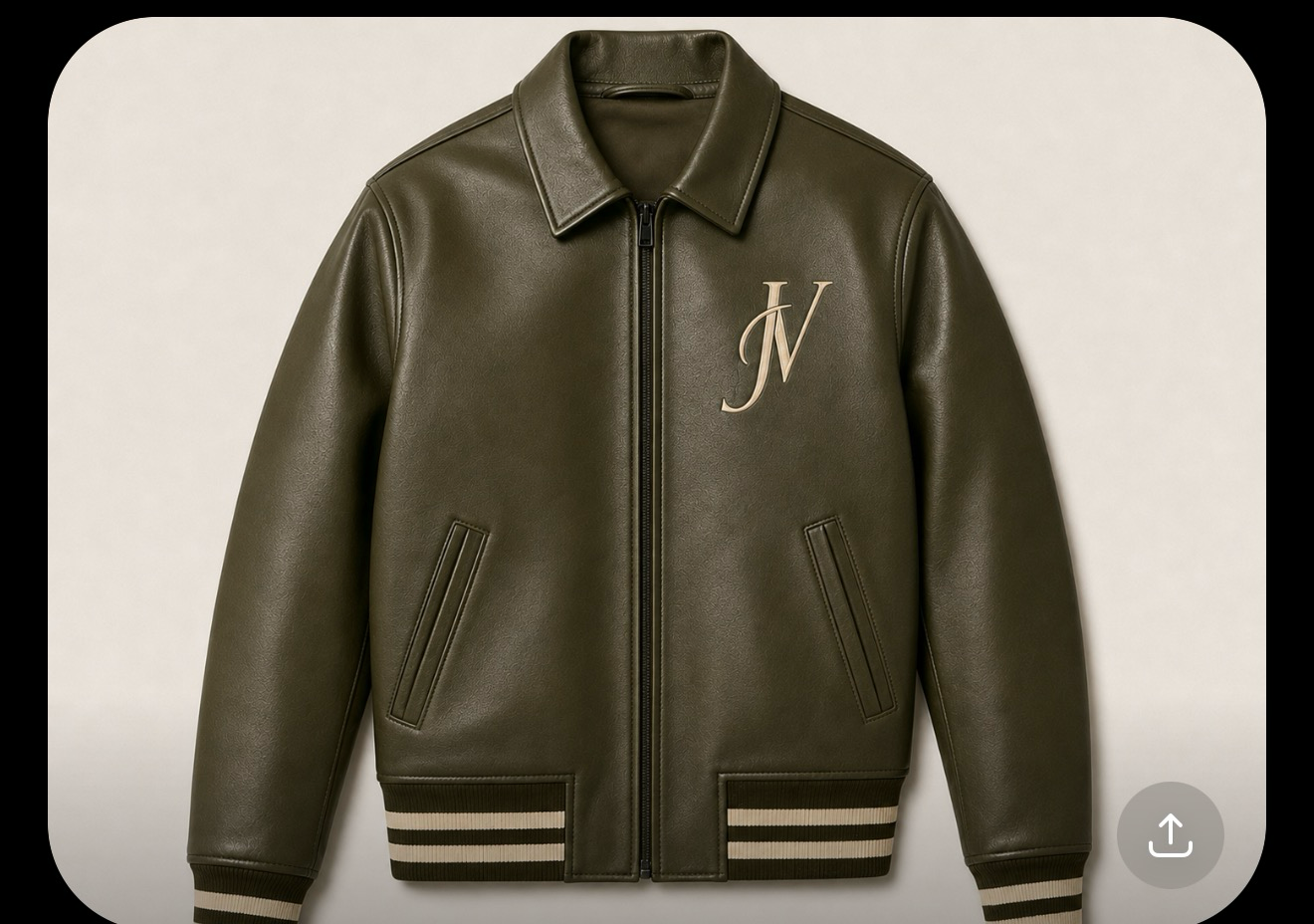 JV Leather Bomber — Army Olive with JV serif monogram