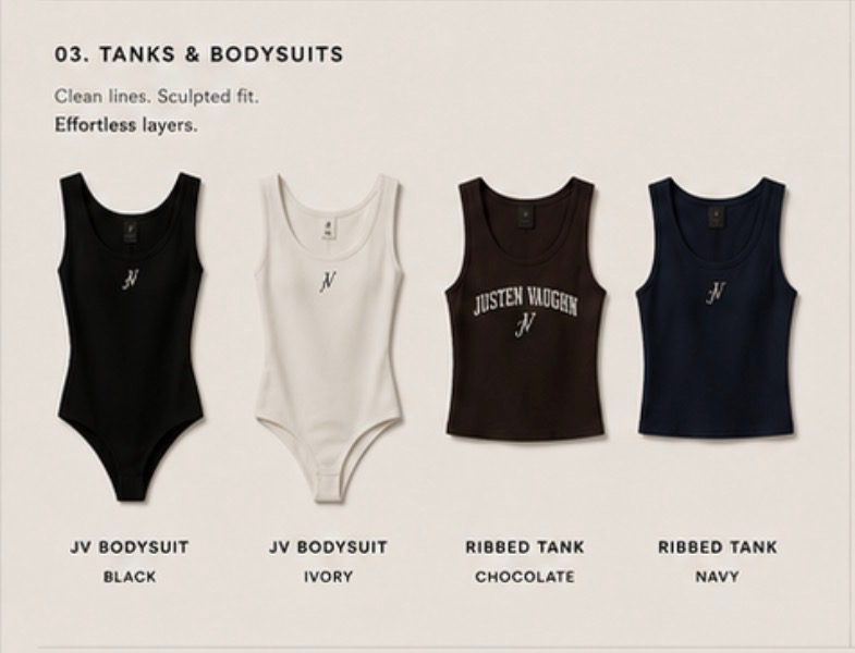 JV Bodysuits and Ribbed Tanks — Black, Ivory, Chocolate, Navy