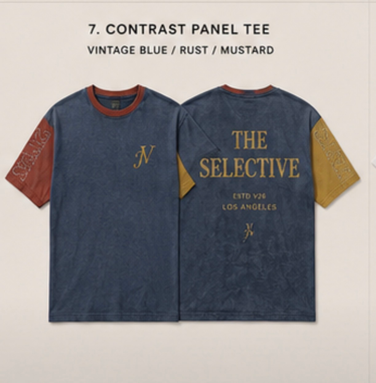 JV Contrast Panel Tee — Vintage Blue body with Rust and Mustard sleeves, The Selective back print