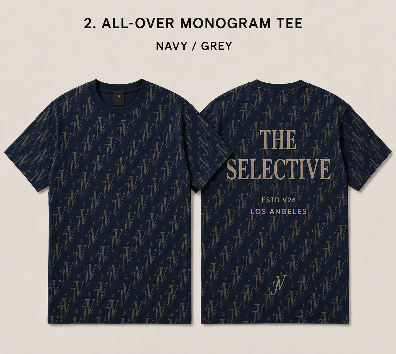 JV All-Over Monogram Tee — Navy with gold JV repeat pattern and The Selective back print